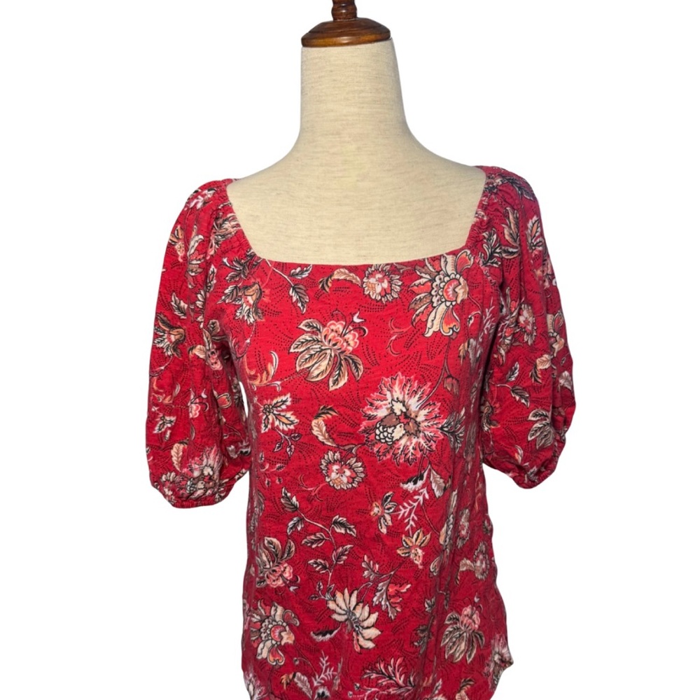 Bohemian Puff Sleeves Red Floral Cotton Blouse Sz XS - Picture 4 of 7